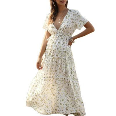 China Newest Viable Summer Short Sleeve Printed Lady 100% Polyester Women Elegant Empire Floral Maxi Long Casual Dress for sale