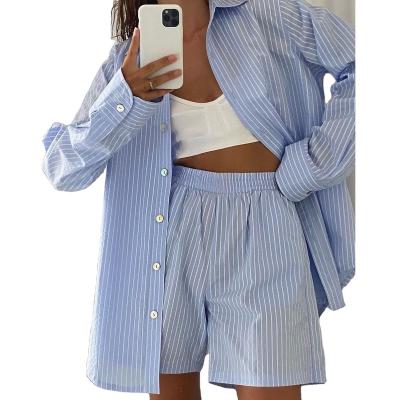 China Viable Hot Selling Loose Shirt And Shorts Newest Fashionable Casual Stripe Long Sleeve With Pocket Sexy Two Piece Sets for sale