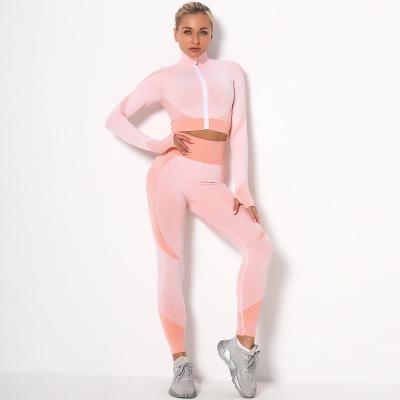 China Breathable Women Long Leggings Yoga Set Seamless Zippered Leggings 2Pcs Sports Suit High Waist Workout Fitness Crop Top for sale