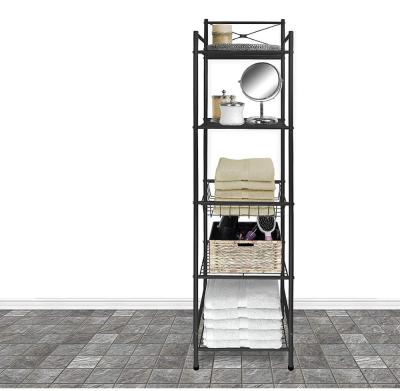 China Modern 5 Tier Bathroom Towel And Tower Space Saver Shelf Rack With Basket for sale