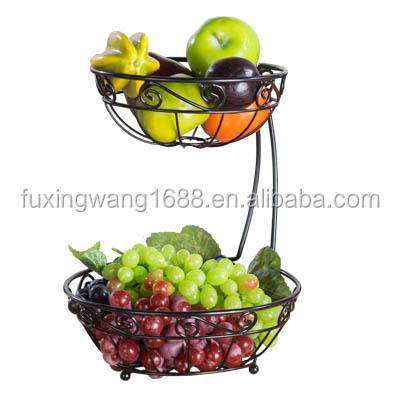 China Sustainable Steel Fruit Basket Stand Server 2-Tier 2 Tier Iron Fruit Basket for sale