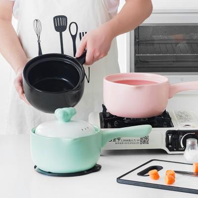 China Long Handle Macaron Colors Kitchen Sustainable Ceramic Casserole Cookware Long Handle Boil Milk Pot Cooking Tools Casserole Soup Pot for sale