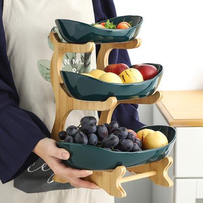 China Sustainable Ceramic 3 Tiers Fruit Candy Dish Tray With 3 Tiers Wooden Stand Decorative Cheap Bamboo Cake Stand Fruit Tray for sale