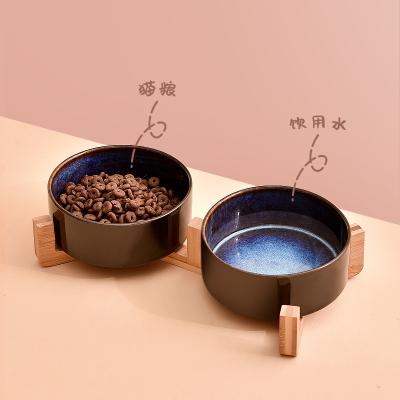 China 2022 Sustainable Ceramic Pet Bowl With Wooden Support Pet Travel Food Bowls&Feeders Large Dog And Cat for sale