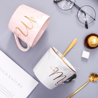 China 2022 Viable Bone China Customized Style Pink Marble Porcelain Ceramic Coffee Mug With Gold Spoon for sale