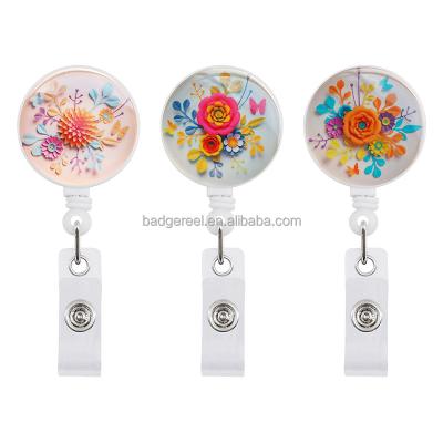 China Flower Shell Design Retractable Badge Reel Desktop Crystal Pull 3D ID Card Badge Holder for Nurse Student Belt Clip Hospital Badge Reel for sale