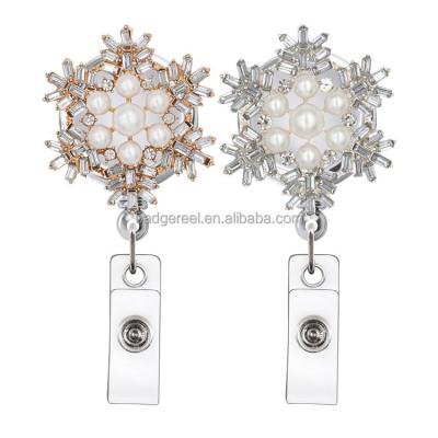 China Rhinestone Snow Flower With Pearl Reel Badge Reel Yoyo Badge Reel Holder ID Card Retractable Key Chain Card Doctor Nurse Student ID Card JBK-10B for sale