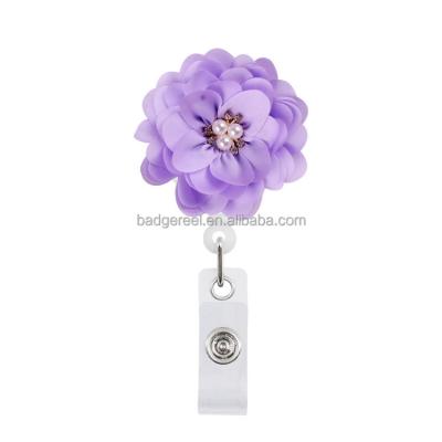 China Office Flower with Retractable Nurse Doctor Retractable Badge Reel Pearl Chiffon Badge Reel Lanyards for sale