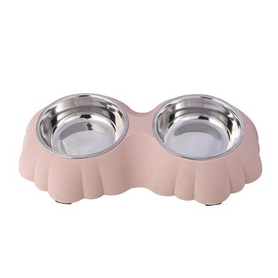 China Unique Design Dual Bowl Pet Feeder Stainless Steel Food Water Bowls Viable Without Spill Silicone Mat for sale