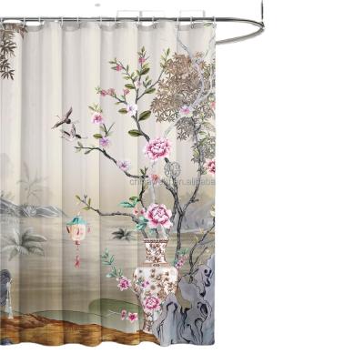 China Sustainable Shower Curtain Qjmax Eva 3d Bag Customized China Style Fabric Packing Hooks Card Modern Plastic for sale