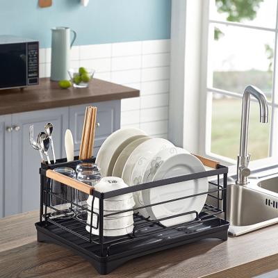 China Sustainable Bamboo Kitchen Dish Rack Stainless Steel Sink Rack Dishes Single Shelf Storage Cover for sale