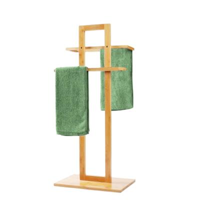 China Household Hot Sale New Design Fashion Wooden Bathroom Towel Rack Two Tier Free Standing Bamboo Towel Rack for sale