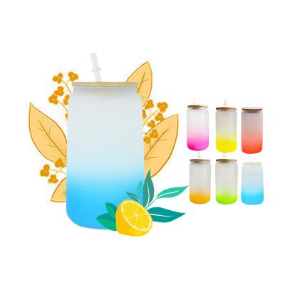 China Viable Us Warehouse 20oz 16oz Frosted Gradient Color Sublimation Beer Can Glass Jar With Bamboo Lid And Plastic Straws for sale