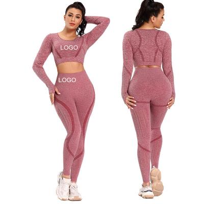 China Logo High Fitness Yoga Set Breathable Custom Elastic Seamless Stripe Long Sleeve Yoga Sets High Waist Quick Dry Breathable Gym Equipment for sale