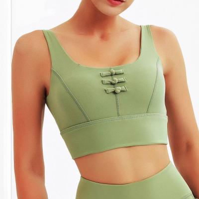 China Decoration chest knot gym breathable wear Chinese back waist cavity sports bra, brocade surface, brushed removable bra pad for sale