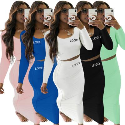 China Breathable Solid Color Custom Apparel Fashionable Logo Dress Set Long Sleevess Womens Dresses Two Piece Party Club Dress Set Ladies for sale