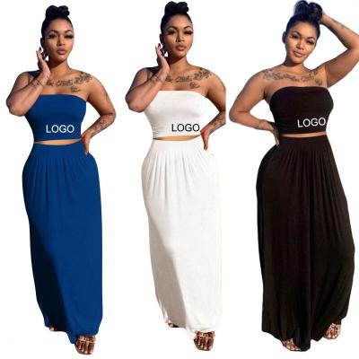 China Anti-static custom logo 2 piec set women casual summer dress plain crop top plus size women fabric floor length skirt long set for women for sale