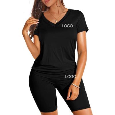 China Breathable Custom Logo 2 Piece Set Women Two Piece Shorts Set Outfits For Women Short Sleeve V Neck T-Shirt Biker Shorts Training Wear for sale