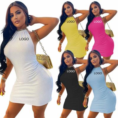 China Custom Women's Fashionable Logo Club Casual Wear Elegant Dressing Gown Breathable White Halter Dresses Backless Wear Slim Fit Bodycony for sale