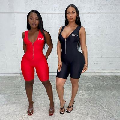 China QUICK DRY Casual V-Neck Zipper Overalls Women's Sleeveless Slim Activewear Gym Sport Biker Ladies Gym Set Bodycon Romper Pant Set QUICK DRY for sale