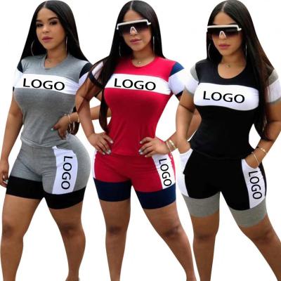 China QUICK DRY Customized Solid Color Two Piece Short Sleeves Logo Women Set Stitching Home Street Skinny Short Jogging Casual Suit Sets for sale