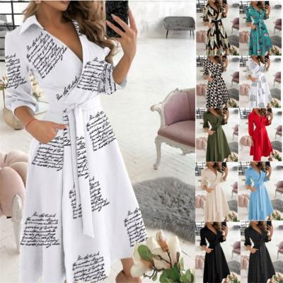 China Best Selling Turkey Letter Print V-Neck Long Sleeve Dress Anti-static Office Wholesale Women's Elegant Casual Outfits for sale