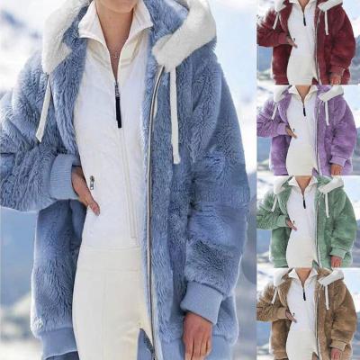 China Fashionable Fluffy Hooded Winter Faux Fur Woolen Coat Women Fuzzy Overcoat Jacket Loose Plush Zipper Anti-Wrinkle Solid Color for sale