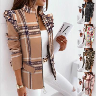 China Hot Sale Anti-wrinkle Ruffled Designer Jackets For Women 2021 Long Sleeve Zipper Print Winter Suit Plaid Jacket Women for sale