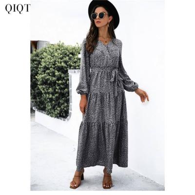 China BEST STYLE Design Anti-Static Clothing For Women Casual Dresses 2021 Juliet Sleeve V-Neck Bandage Printing Maxi Long Dress for sale