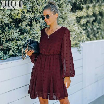 China Hot Selling Gauze Dresses Women Lady Elegant Long Sleeve V-Neck Winter Autumn Anti-wrinkle Casual Women Dress for sale