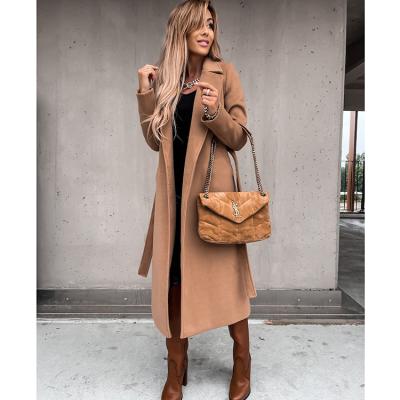 China 2021 Tweed Bandage V-neck Long Sleeve Anti-wrinkle Long Sleeve Coat Ladies Winter Coats Jacket Simple Coat Women Wholesale for sale