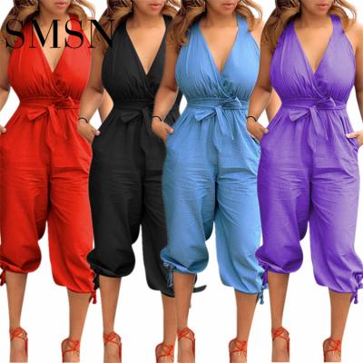 China Anti-pilling Best Design Solid Color V-Neck Bandage Designers Sleeveless Backless Overalls 2022 Casual Overalls for sale