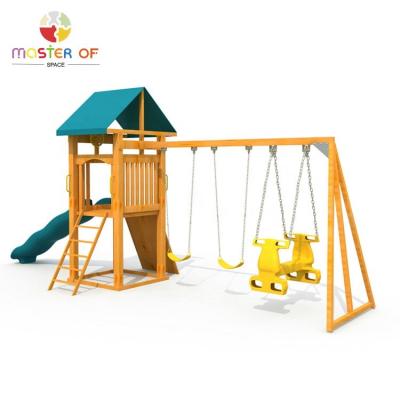 China Large modern outdoor playsets amber wooden swing set with wooden roof and slide W01D178 for sale