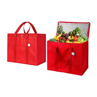 China Waterproof Red Custom Logo Printed Large Capacity Non Woven Insulated Cooler Shopping Bags Eco Friendly for sale