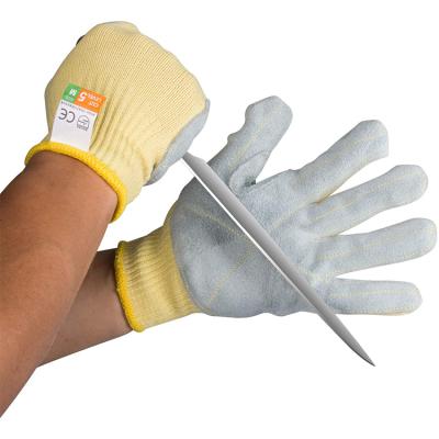 China Safety Work Oven Gloves With Welded Yellow Heep Pigskin Material Aramid Fiber Cow Split Leather Working Gloves for sale