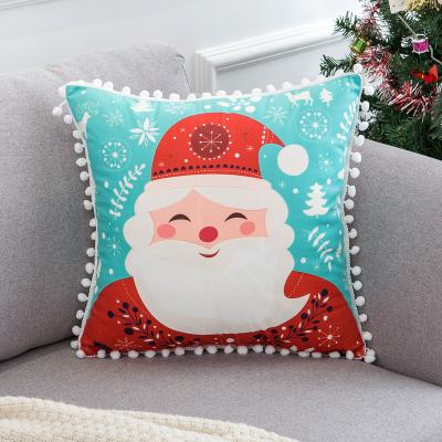 China PORTABLE i@home Turquoise Christmas Decor Polyester Canvas 45x45 Hotel Pillow Cover With Pom Poms for sale