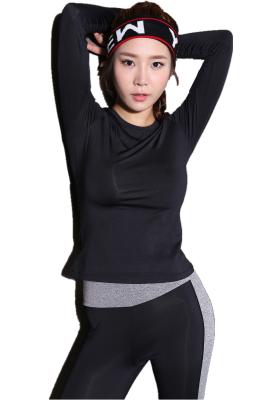 China CPG Global Women Pure Black Polyester Sexy Slim Fit Long Sleeves Round Collar Gym Running Sports T-Shirts S-L S42 for sale