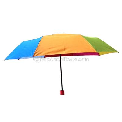 China 21inch*8k 190t Pongee Fabric Rainbow 3 Fold Manual Open Umbrella With Plastic Handle for sale