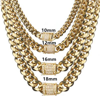 China Latest 18-30Inch Stainless Steel Punk Gold and Silver Cuban Chain with White Diamond Buckle Encryption Titanium Steel Miami Necklace for sale