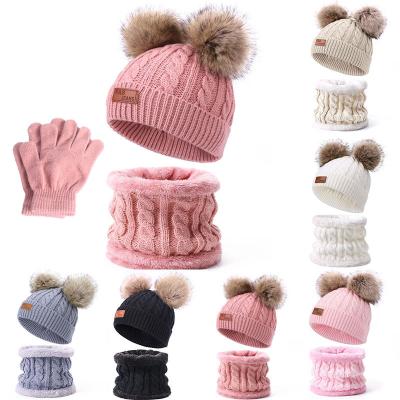 China COMMON Winter Keep Warm Beanie Knitted Hat Bow Double Pom Pom Beanies Scarf Baby Kids Wool Bowknot Set for sale