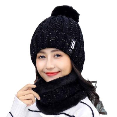 China MORE COMMON Warm Two-Piece Costume Mask Scarf Hair Ball Hair Velor Hearing Protection Knitted Wool Hat for sale