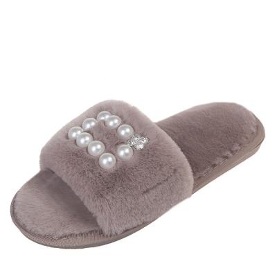 China Fuzzy Fluffy Women's Slippers Home Indoor Fashion Non-Slip Fur Pearl Slippers Handmade Slippers for sale