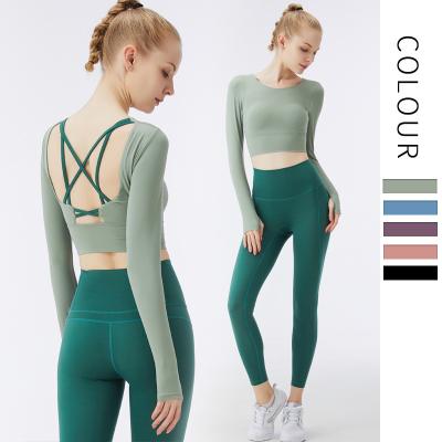 China Breathable Women Seamless Sportswear Sets Two Pieces Fitness Yoga Sets High Waist Tight Leggings And Sports T-shirt Long Sleeve for sale