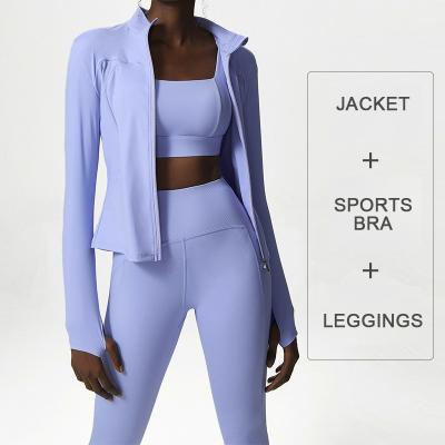 China Breathable Women 3 Piece Sets Fitness Sportswear Waist Tights Leggings And Tights Sports Bra Top And Sports Jacket Quick Dry Clothing for sale