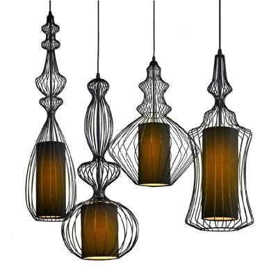 China Banquet Hall Decoration Traditional Chandelier Light Large Fabric Shade Iron Cage Pendant Lamp for sale