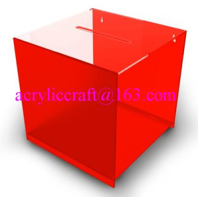 China Wall Mount Red Cube Shaped Acrylic Suggestion Box / Ballot Box / Collection Box for sale