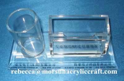 China Table Top Clear Acrylic Staionery Plexiglass Card Holder With Pen Holder for sale