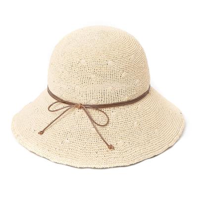 China Character Crochet Straw Hat Folding With Wax Rope Bow for sale