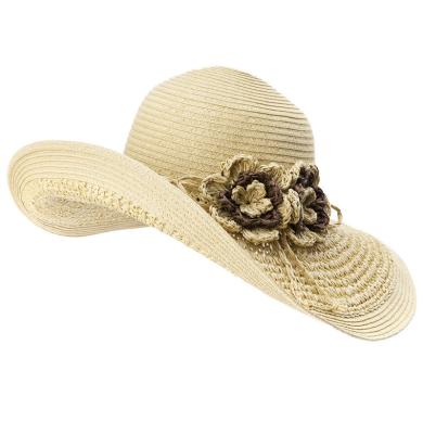 China Character Crochet Flower Trim Soft Wide Brim Straw Hat for sale