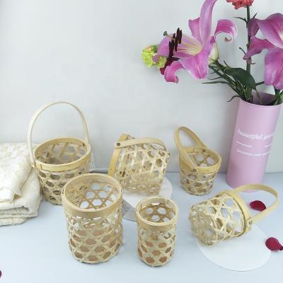 China High quality bamboo basket home decoration plant large and small round bamboo and glass candle holder for sale